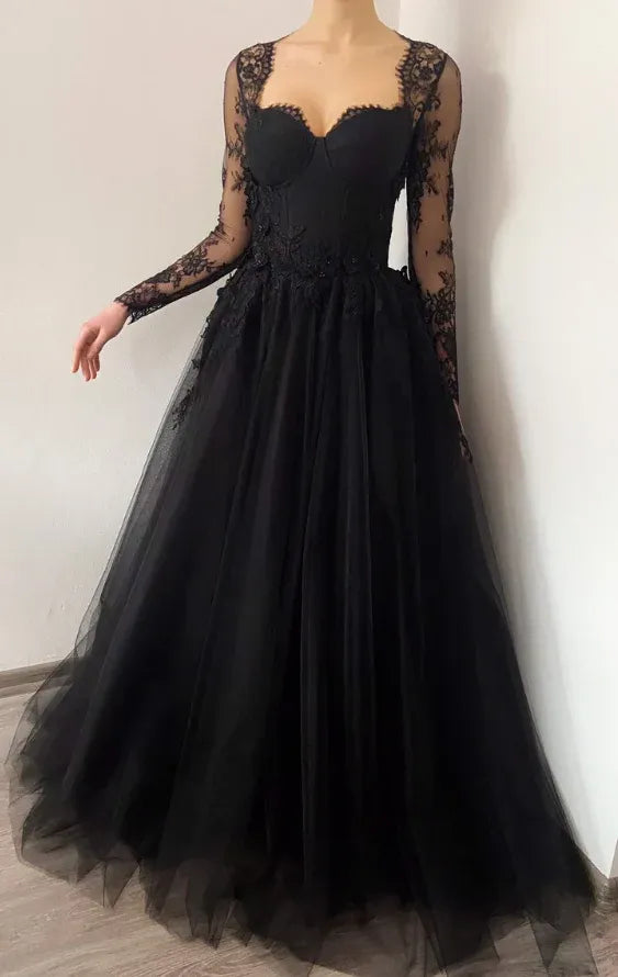 Romantic Lace-Tulle Long Evening Dress Black Sweetheart Long Sleeve for Women