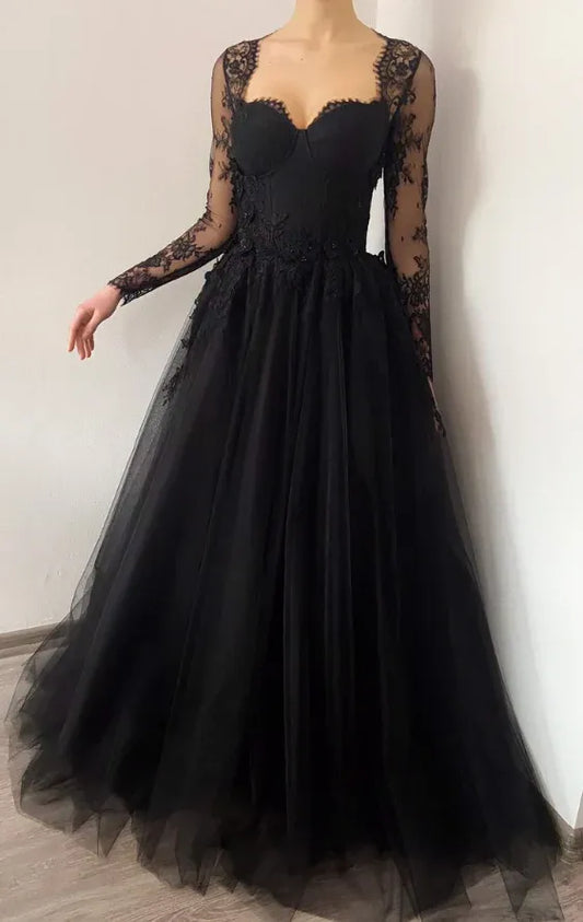 Romantic Lace-Tulle Long Evening Dress Black Sweetheart Long Sleeve for Women