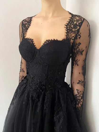 Romantic Lace-Tulle Long Evening Dress Black Sweetheart Long Sleeve for Women