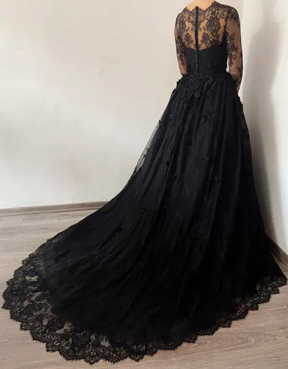 Romantic Lace-Tulle Long Evening Dress Black Sweetheart Long Sleeve for Women