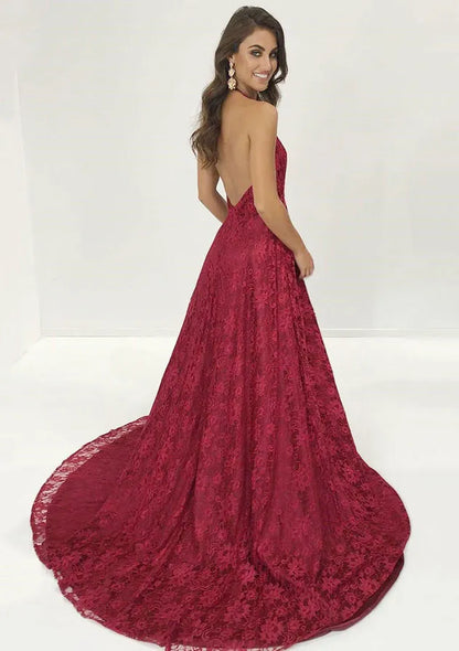 Romantic Lace Long Evening Dress Burgundy Plunging Sleeveless Party Gown for Women
