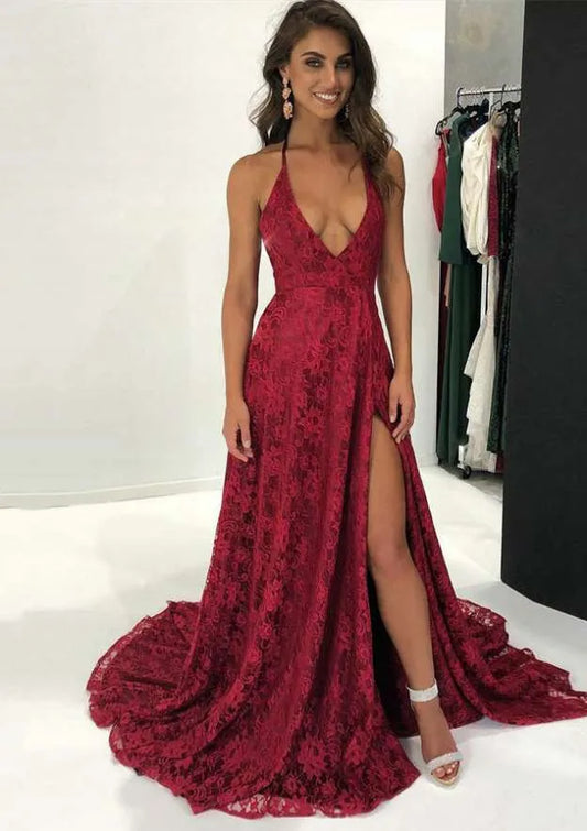 Romantic Lace Long Evening Dress Burgundy Plunging Sleeveless Party Gown for Women