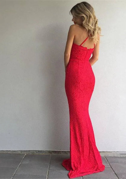 Romantic Lace Long Evening Dress Red Halter-Neck Sleeveless Party Gown for Women