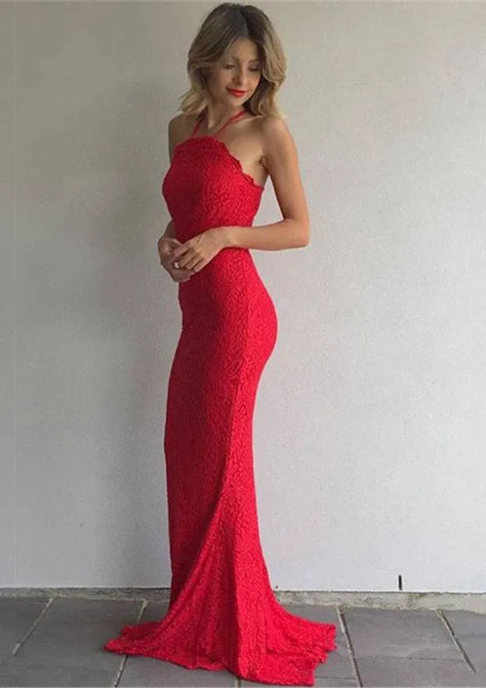 Romantic Lace Long Evening Dress Red Halter-Neck Sleeveless Party Gown for Women