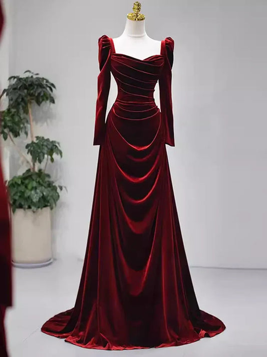 Romantic Mermaid Cowl Neck Long-Sleeved Ruched Burgundy Train-Length Prom Dress For Women Custom