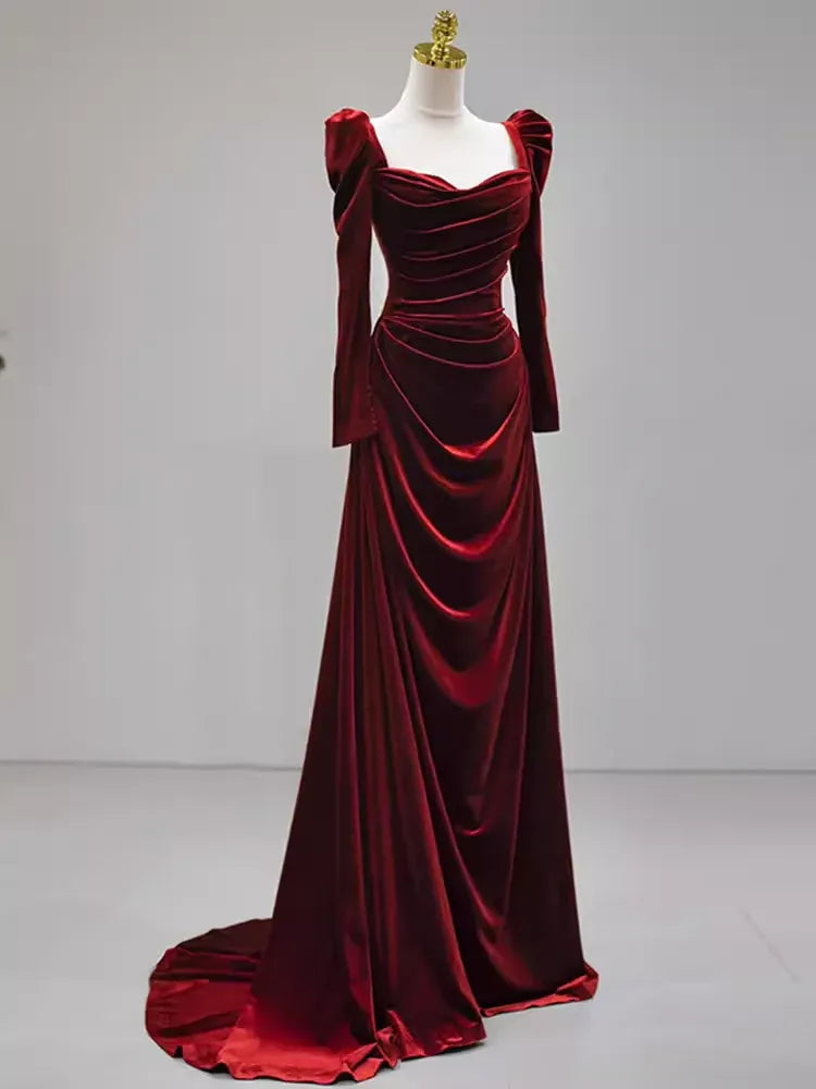 Romantic Mermaid Cowl Neck Long-Sleeved Ruched Burgundy Train-Length Prom Dress For Women Custom