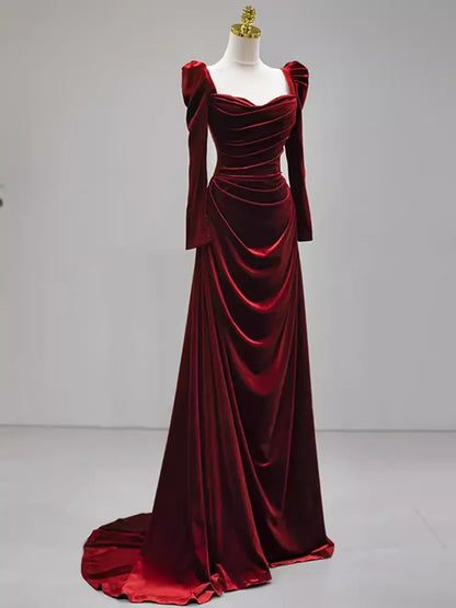 Romantic Mermaid Cowl Neck Long-Sleeved Ruched Burgundy Train-Length Prom Dress For Women Custom
