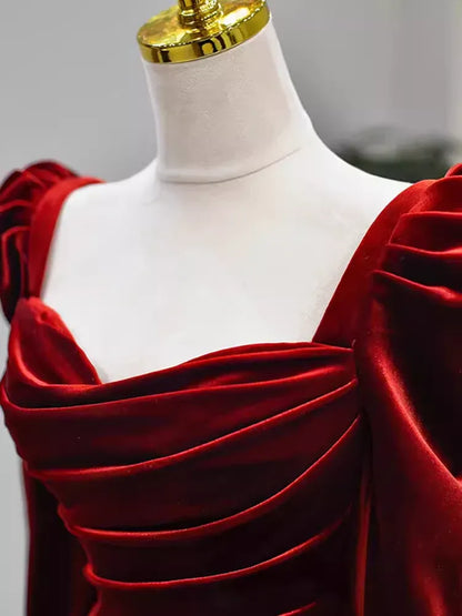 Romantic Mermaid Cowl Neck Long-Sleeved Ruched Burgundy Train-Length Prom Dress For Women Custom