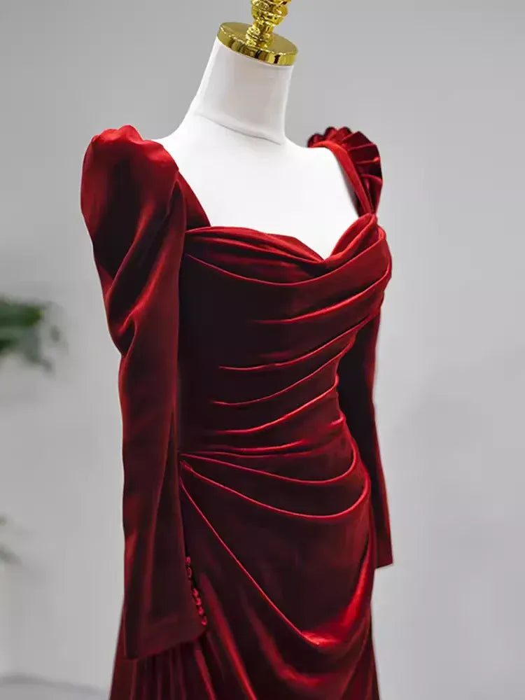 Romantic Mermaid Cowl Neck Long-Sleeved Ruched Burgundy Train-Length Prom Dress For Women Custom