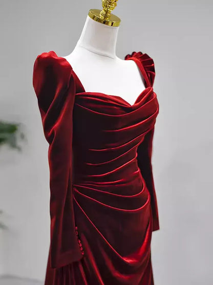 Romantic Mermaid Cowl Neck Long-Sleeved Ruched Burgundy Train-Length Prom Dress For Women Custom