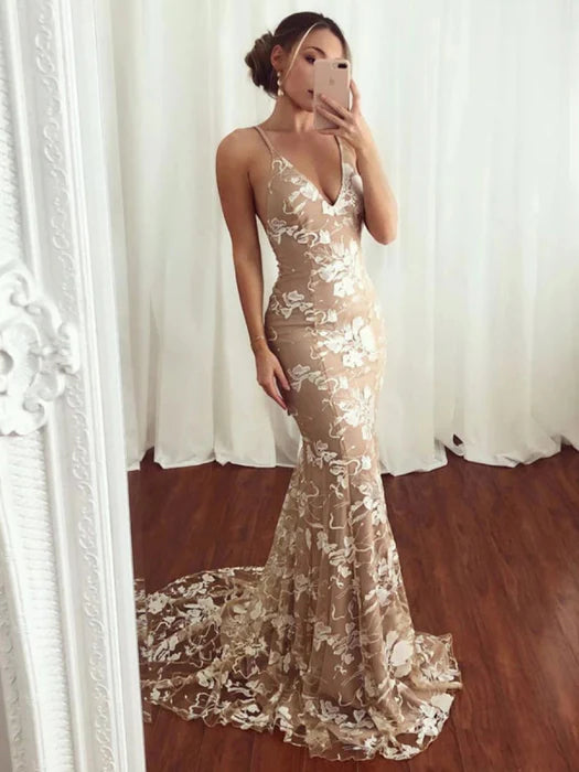 Romantic Mermaid Gown Deep V Spaghetti Strap Lace Champagne Prom Dress