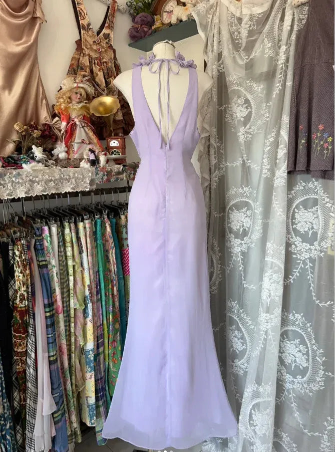 Romantic Mermaid Halter Neck Sleeveless Ruffled Lilac Maxi Prom Dress for Women Hot Sale