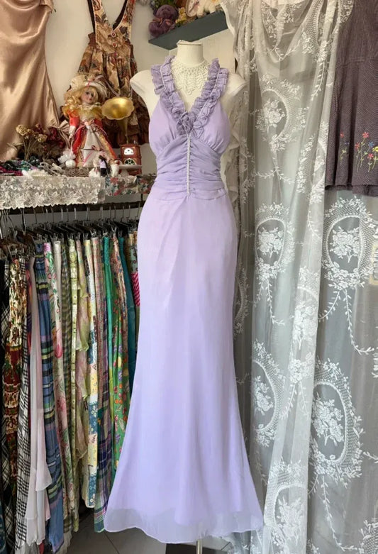 Romantic Mermaid Halter Neck Sleeveless Ruffled Lilac Maxi Prom Dress for Women Hot Sale