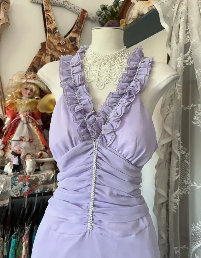 Romantic Mermaid Halter Neck Sleeveless Ruffled Lilac Maxi Prom Dress for Women Hot Sale