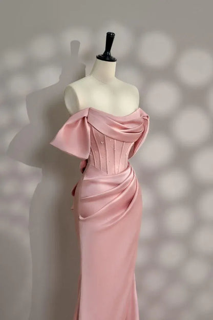 Romantic Mermaid Off-Shoulder Bow-Accent Satin Blush Floor-Length Evening Dress for Women