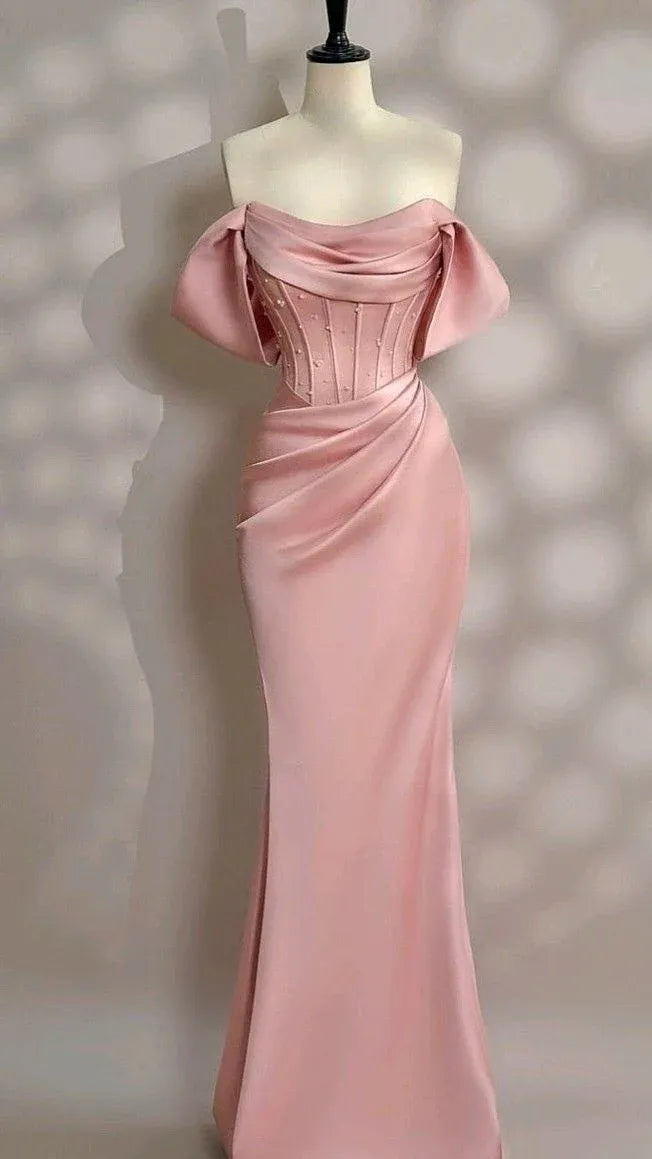 Romantic Mermaid Off-Shoulder Bow-Accent Satin Blush Floor-Length Evening Dress for Women
