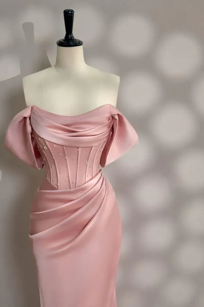 Romantic Mermaid Off-Shoulder Bow-Accent Satin Blush Floor-Length Evening Dress for Women