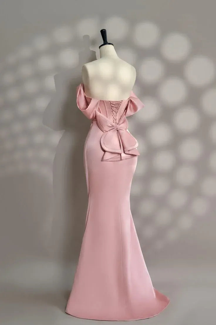 Romantic Mermaid Off-Shoulder Bow-Accent Satin Blush Floor-Length Evening Dress for Women