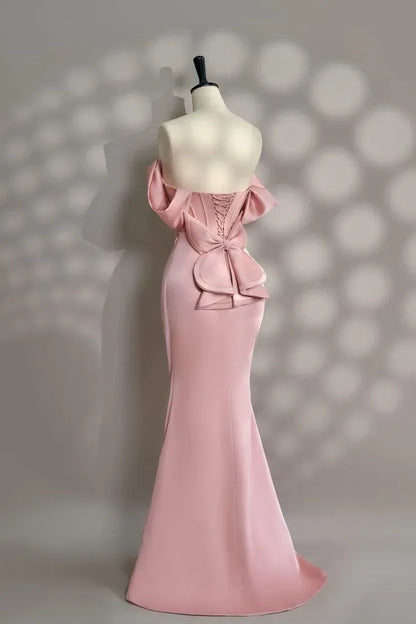 Romantic Mermaid Off-Shoulder Bow-Accent Satin Blush Floor-Length Evening Dress for Women