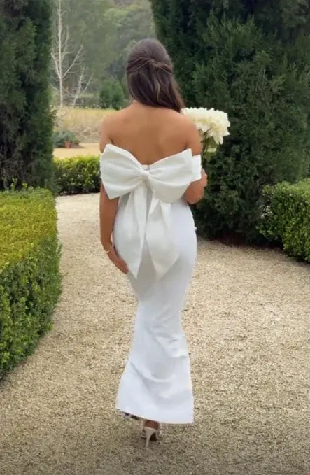 Romantic Mermaid Off-the-shoulder Sleeveless Bow White Floor-length Prom Dress for Women Ready to Ship