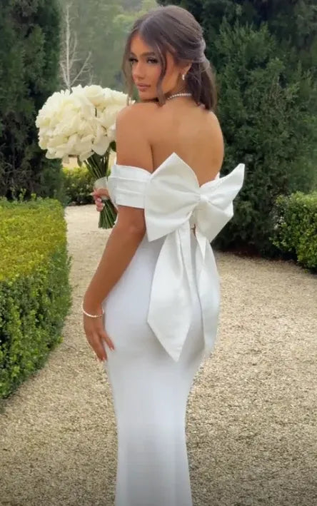 Romantic Mermaid Off-the-shoulder Sleeveless Bow White Floor-length Prom Dress for Women Ready to Ship