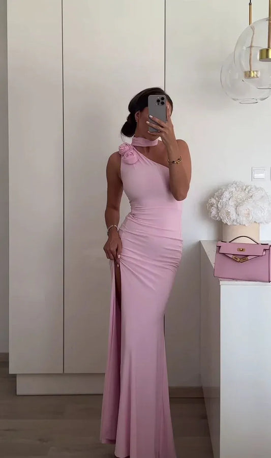 Romantic Mermaid One-Shoulder Sleeveless Flower-Accent Chiffon Pink Floor-Length Evening Dress for Women