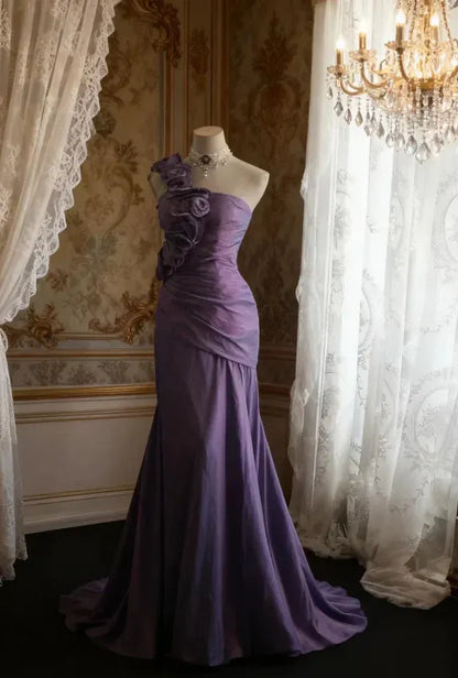 Romantic Mermaid One-shoulder Sleeveless Ruffled Lilac Maxi Prom Dress for Women Custom