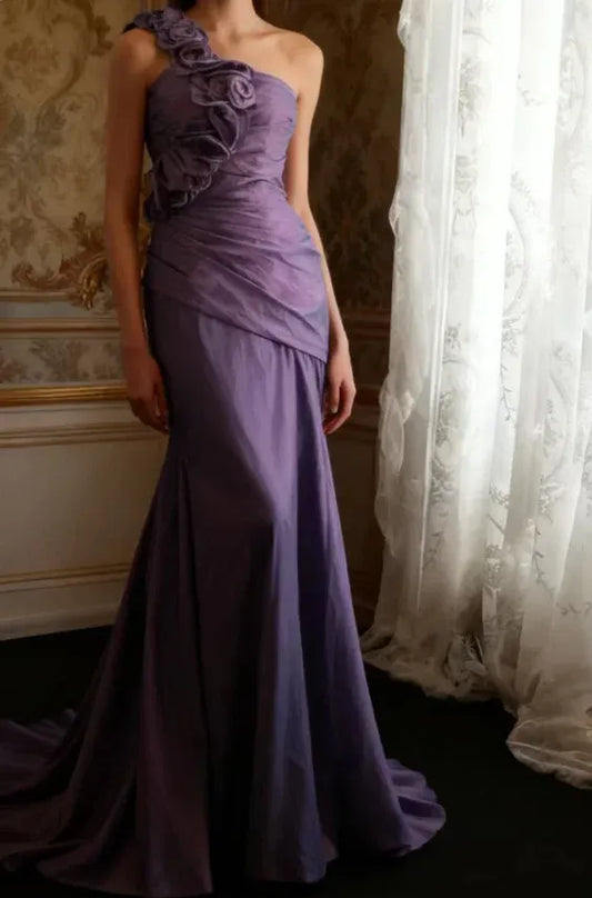 Romantic Mermaid One-shoulder Sleeveless Ruffled Lilac Maxi Prom Dress for Women Custom