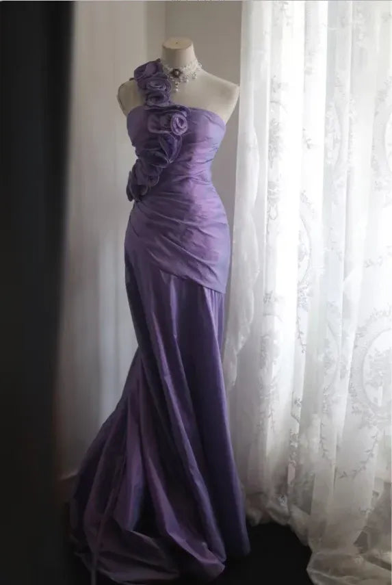 Romantic Mermaid One-shoulder Sleeveless Ruffled Lilac Maxi Prom Dress for Women Custom