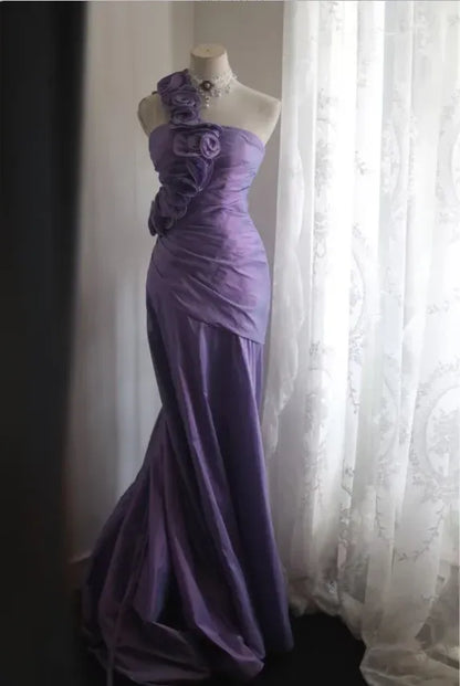 Romantic Mermaid One-shoulder Sleeveless Ruffled Lilac Maxi Prom Dress for Women Custom