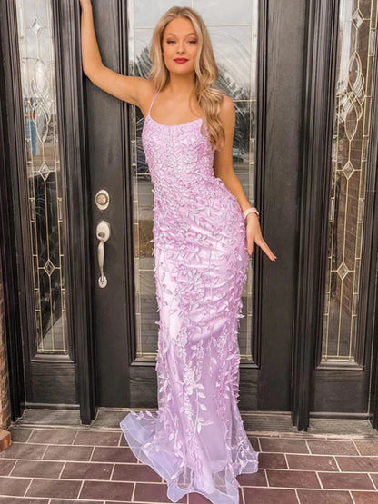 Romantic Mermaid Spaghetti Strap Lace Lilac Floor-Length Prom Dress