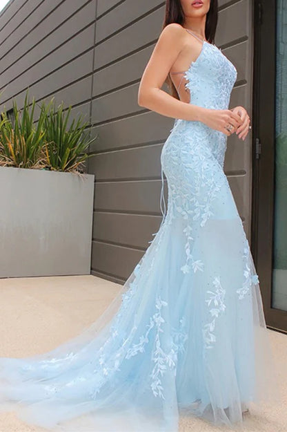 Romantic Mermaid Spaghetti Strap Lace Sky Blue Floor-Length Prom Dress