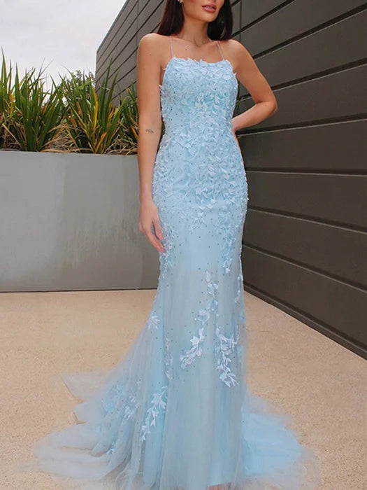 Romantic Mermaid Spaghetti Strap Lace Sky Blue Floor-Length Prom Dress