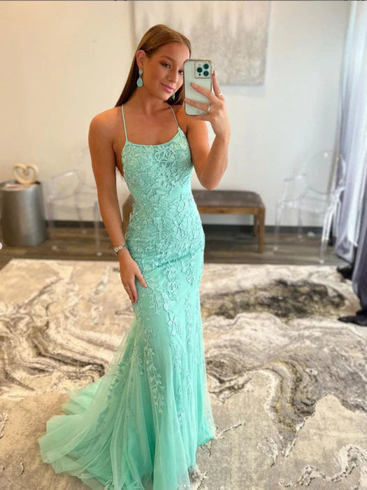 Romantic Mermaid Spaghetti Straps Lace Floor-Length Evening Dress