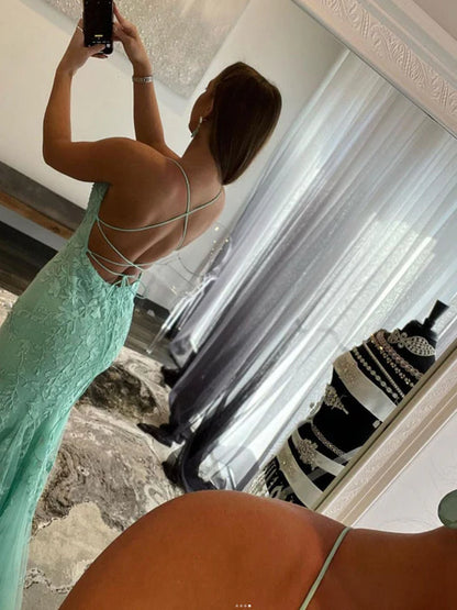 Romantic Mermaid Spaghetti Straps Lace Floor-Length Evening Dress