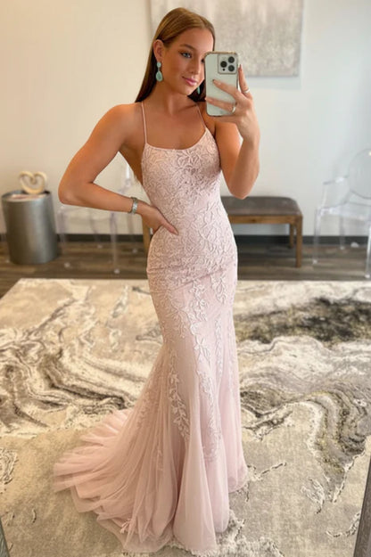 Romantic Mermaid Spaghetti Straps Lace Floor-Length Evening Dress
