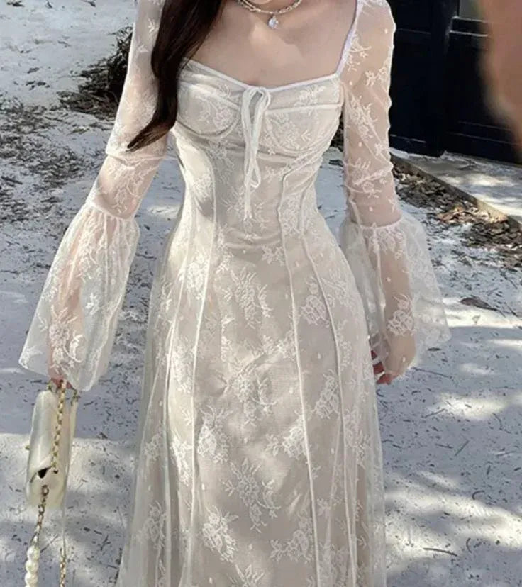 Romantic Mermaid Square-Neck Lace Bell-Sleeve Ivory Maxi Evening Dress for Women