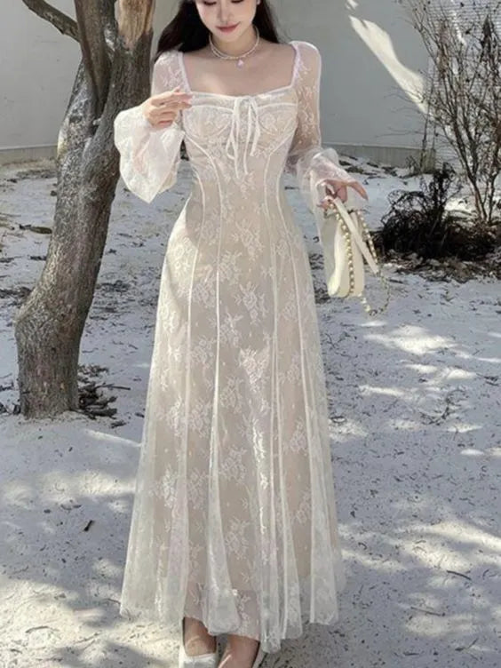 Romantic Mermaid Square-Neck Lace Bell-Sleeve Ivory Maxi Evening Dress for Women