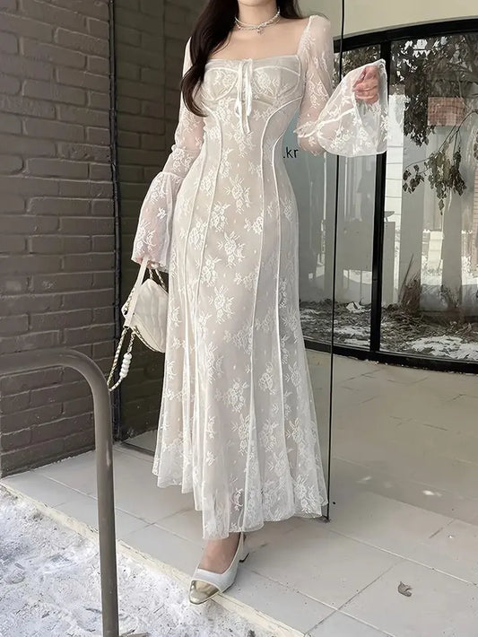 Romantic Mermaid Square-Neck Lace Bell-Sleeve Ivory Maxi Evening Dress for Women