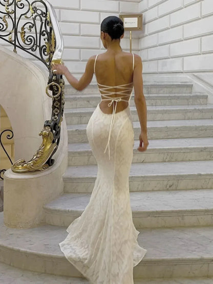 Romantic Mermaid Square-Neck Sleeveless Lace-Accented Ivory Maxi Wedding Dress for Women ready to ship