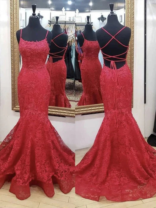Romantic Mermaid Square Neck Spaghetti Strap Lace Red Prom Dress