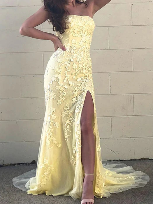 Romantic Mermaid Strapless Lace Pale Yellow Floor-Length Prom Dress