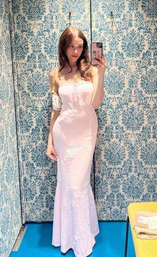 Romantic Mermaid Strapless Sleeveless Embroidered Pink Floor-Length Prom Dress For Women Ready To Ship