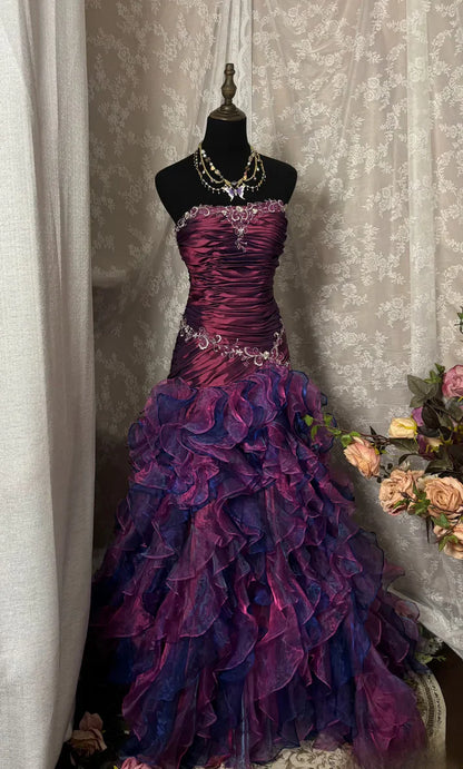 Romantic Mermaid Strapless Sleeveless Ruffled Ombre Maxi Party Dress