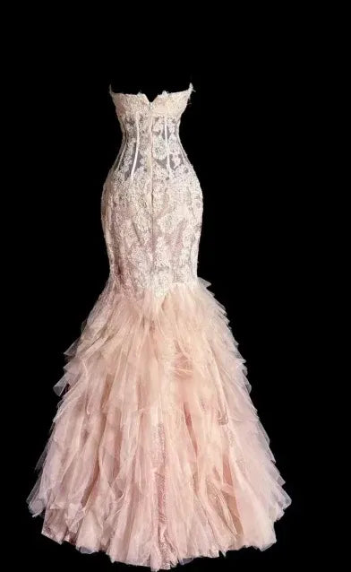 Romantic Mermaid Sweetheart-Neck Lace Ruffled Blush Pink Maxi Prom Dress for Women ready to ship