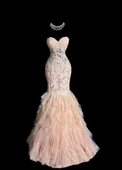 Romantic Mermaid Sweetheart-Neck Lace Ruffled Blush Pink Maxi Prom Dress for Women ready to ship