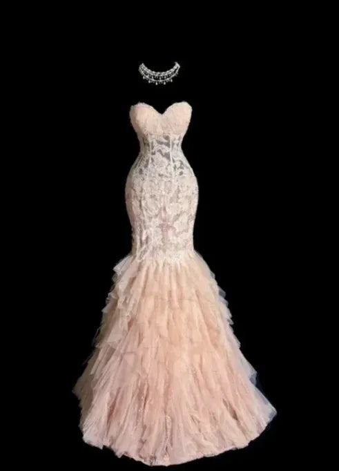 Romantic Mermaid Sweetheart-Neck Lace Ruffled Blush Pink Maxi Prom Dress for Women ready to ship