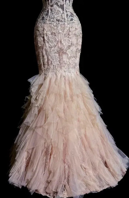 Romantic Mermaid Sweetheart-Neck Lace Ruffled Blush Pink Maxi Prom Dress for Women ready to ship