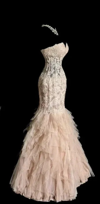 Romantic Mermaid Sweetheart-Neck Lace Ruffled Blush Pink Maxi Prom Dress for Women ready to ship