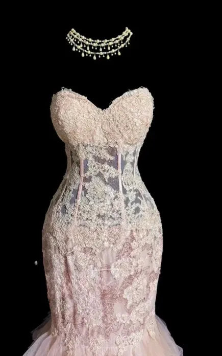 Romantic Mermaid Sweetheart-Neck Lace Ruffled Blush Pink Maxi Prom Dress for Women ready to ship